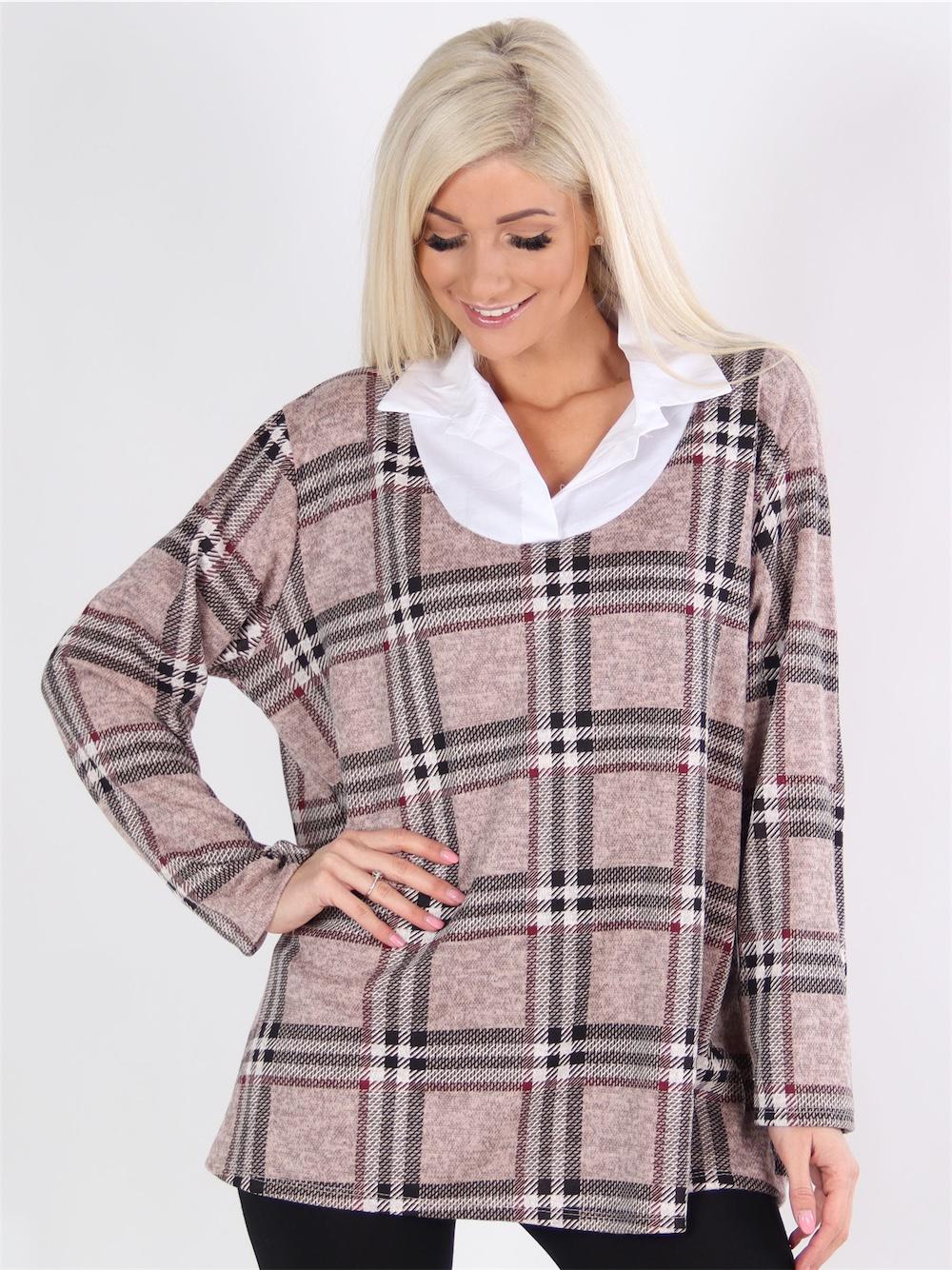 Kinza - Beigefarvet ternet bluse med hvid skjortekrave